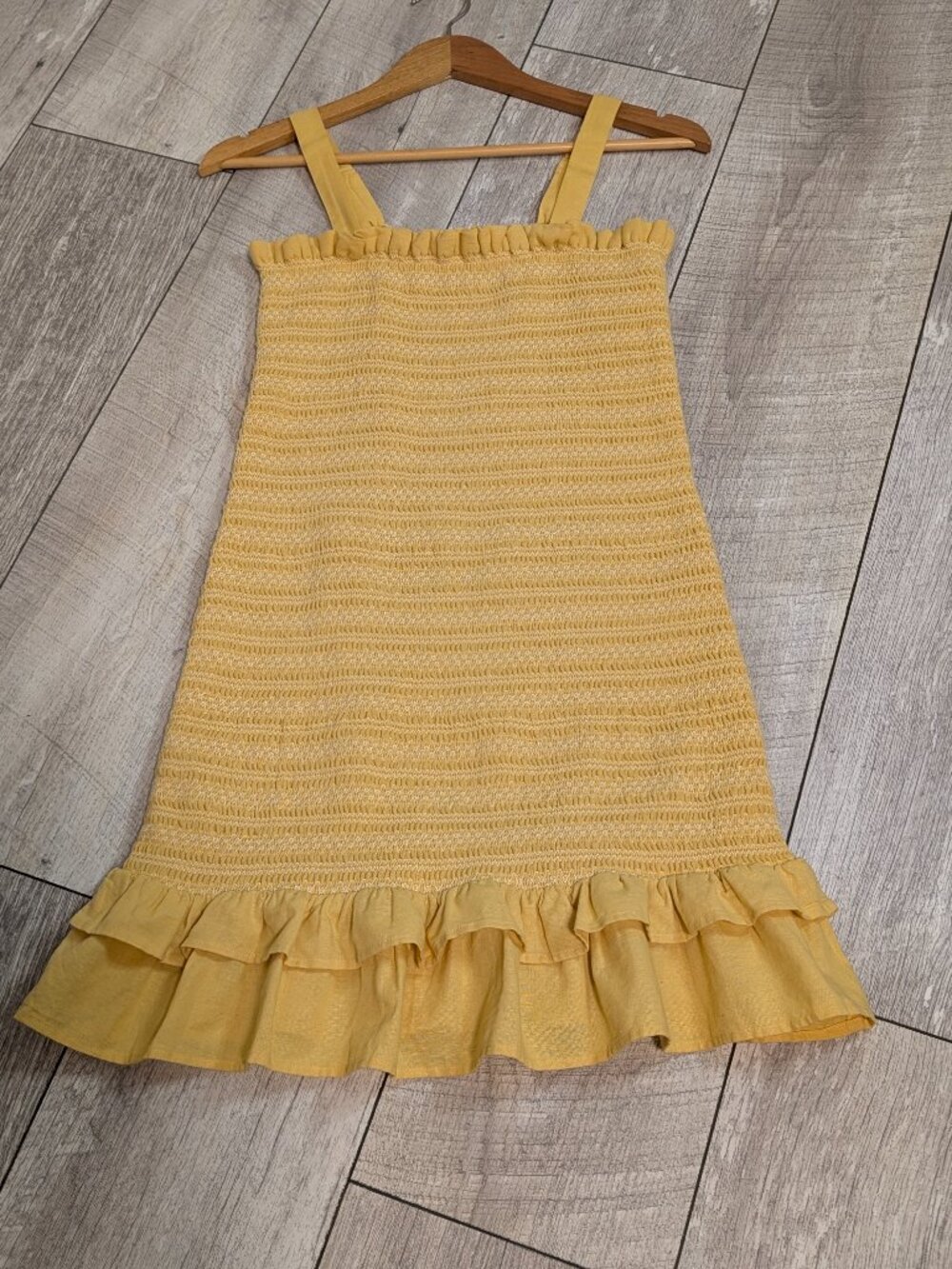 American Eagle Smocked Cotton Linen Ruffle Mini Dress Yellow S Cottagecore EUC - Picture 7 of 12